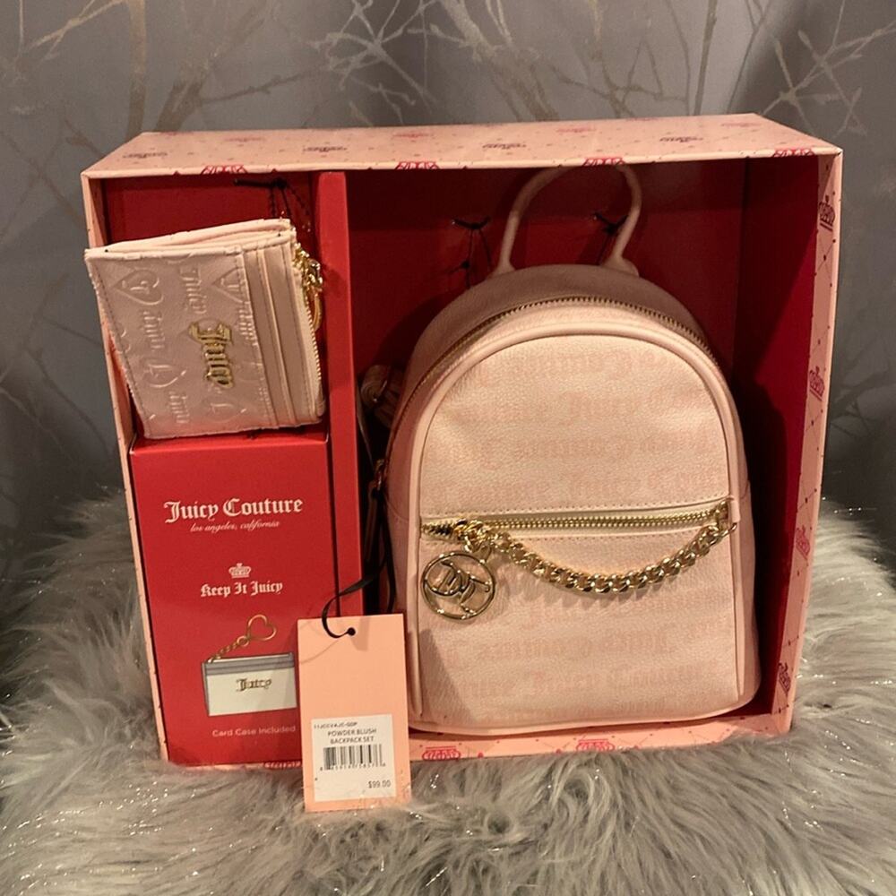 BNWT JUICY COUTURE Pink Blush Backpack and Card Case Wallet Gift Box Set
